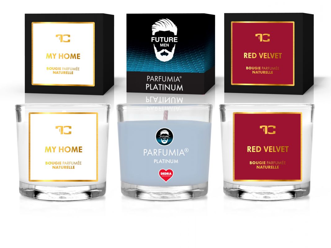VOTIVNÍ SADA 3ks sójových vonných eko-svíček PARFUMIA® řady LEGENDS & GOLD LINE