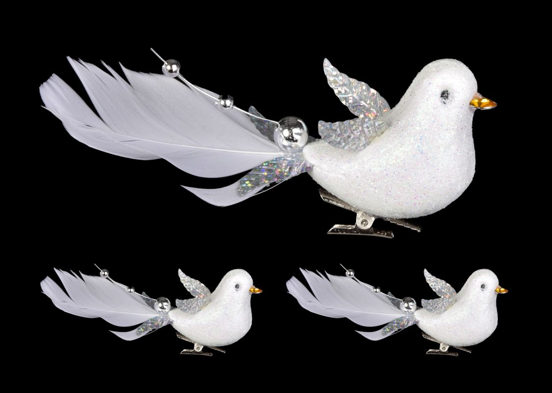 13 cm sada 3 ks bílých ptáčků s pírky