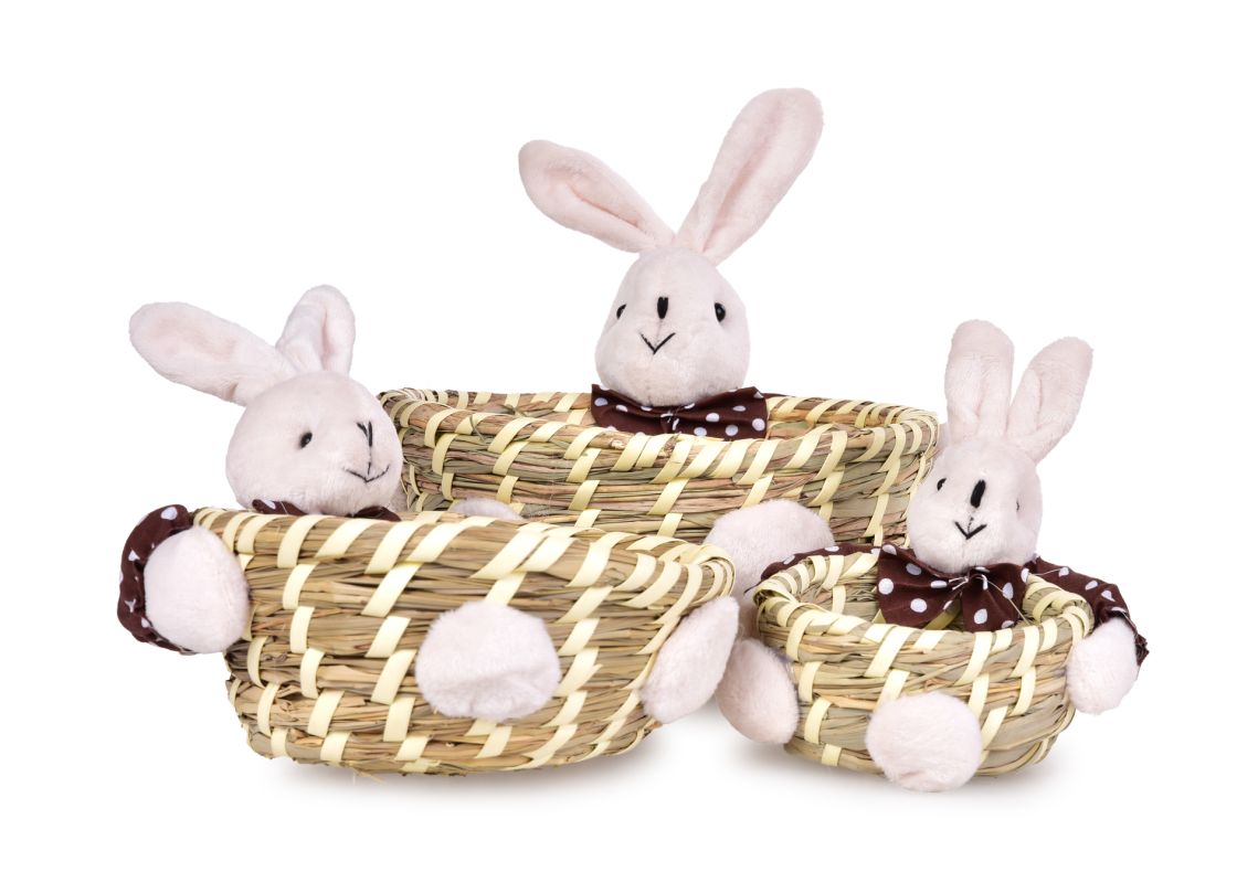 3 ks ošatka z přírodní slámy s veselými zajíci