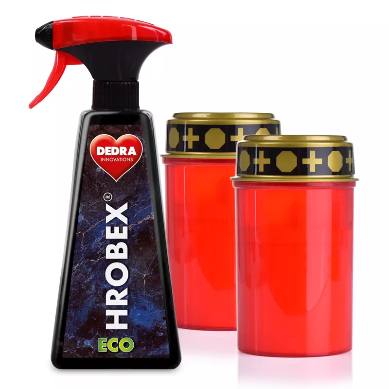 Sada HROBEX® EKO čistič náhrobků a pietních míst, mramoru a žuly + 2 ks LED pietní svíce