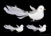 13 cm sada 3 ks bílých ptáčků s pírky