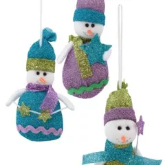 3 třpytiví sněhuláci, textilní dekorace 17 cm