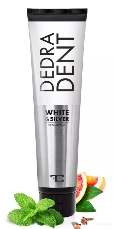 Přírodní zubní pasta WHITE & SILVER s šetrnou bělící přísadou, složkou Omyadent® a silicemi z hřebíčku, máty peprné a červeného pomeranče, DEDRA DENT