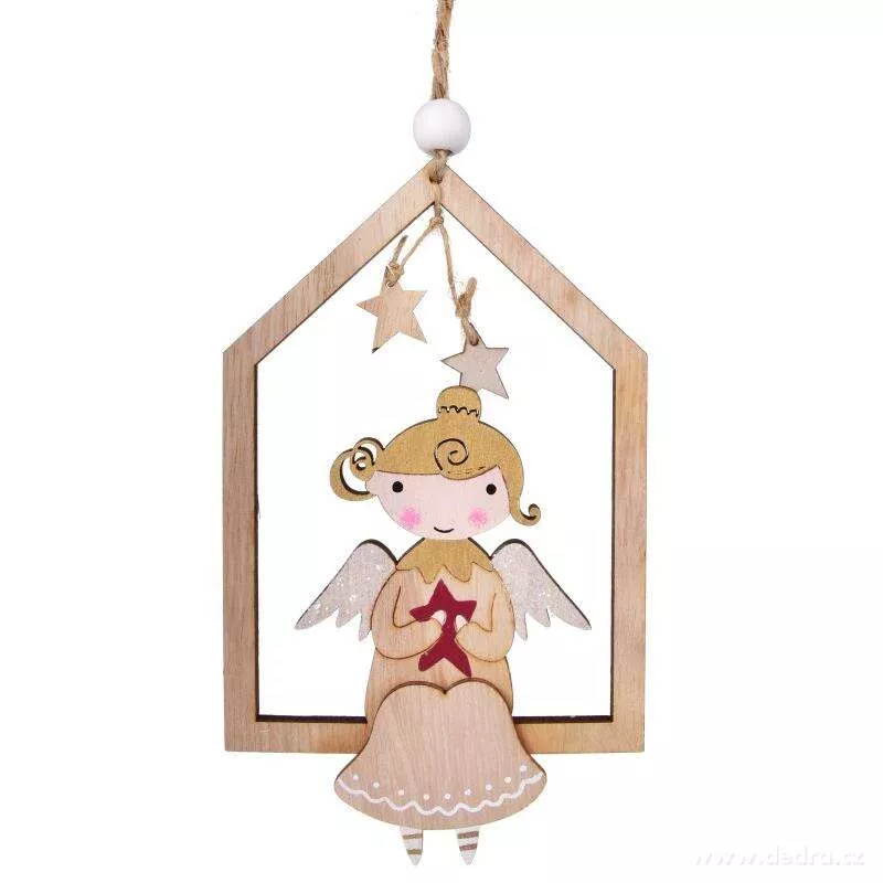 16 cm dřevěná ozdoba ve tvaru domečku s roztomilou aplikací anděla
