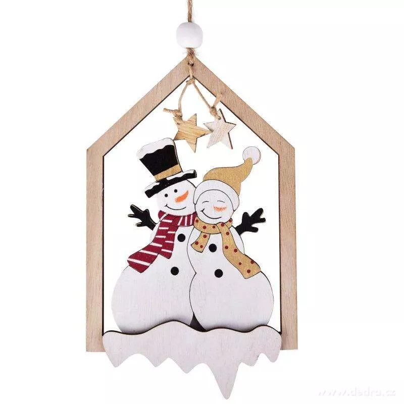 16 cm dřevěná ozdoba ve tvaru domečku s roztomilou aplikací sněhuláků