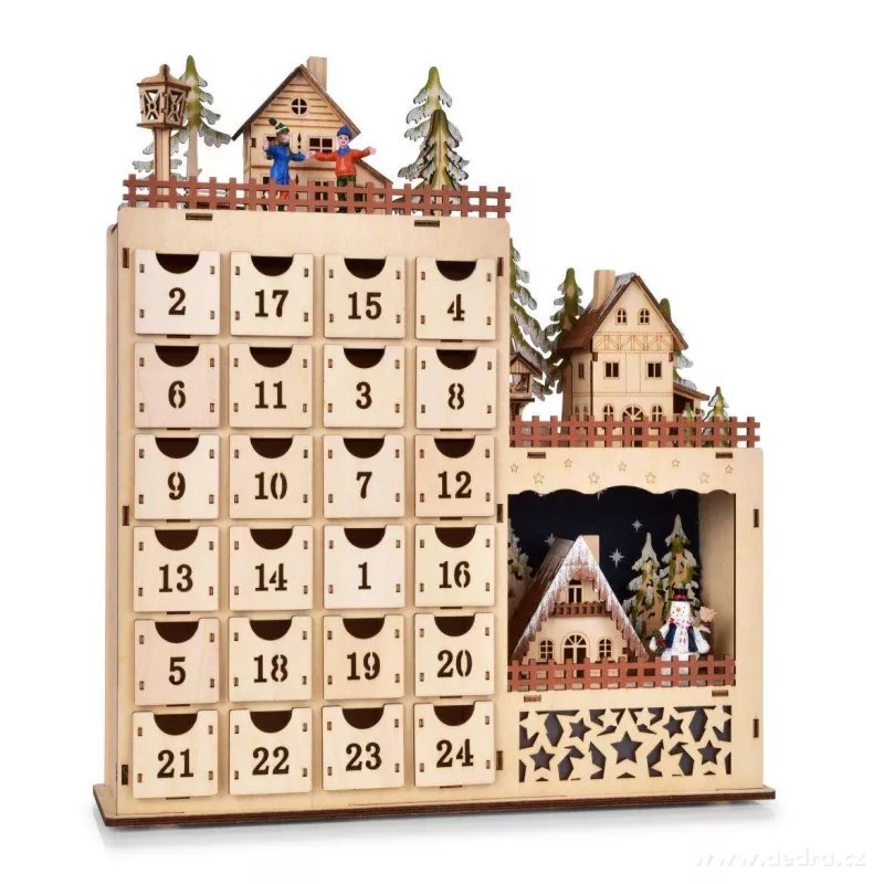 43 cm velký adventní dřevěný kalendář s LED osvětlením