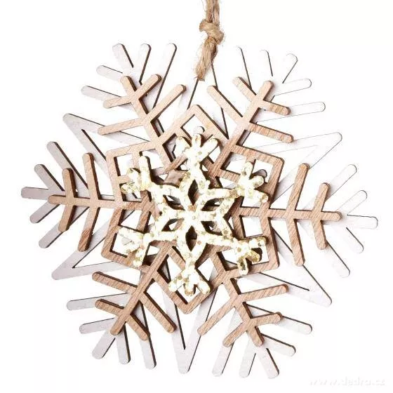 9 cm Dřevěná 3D vločka se třpytkami, se zlatou vločkou