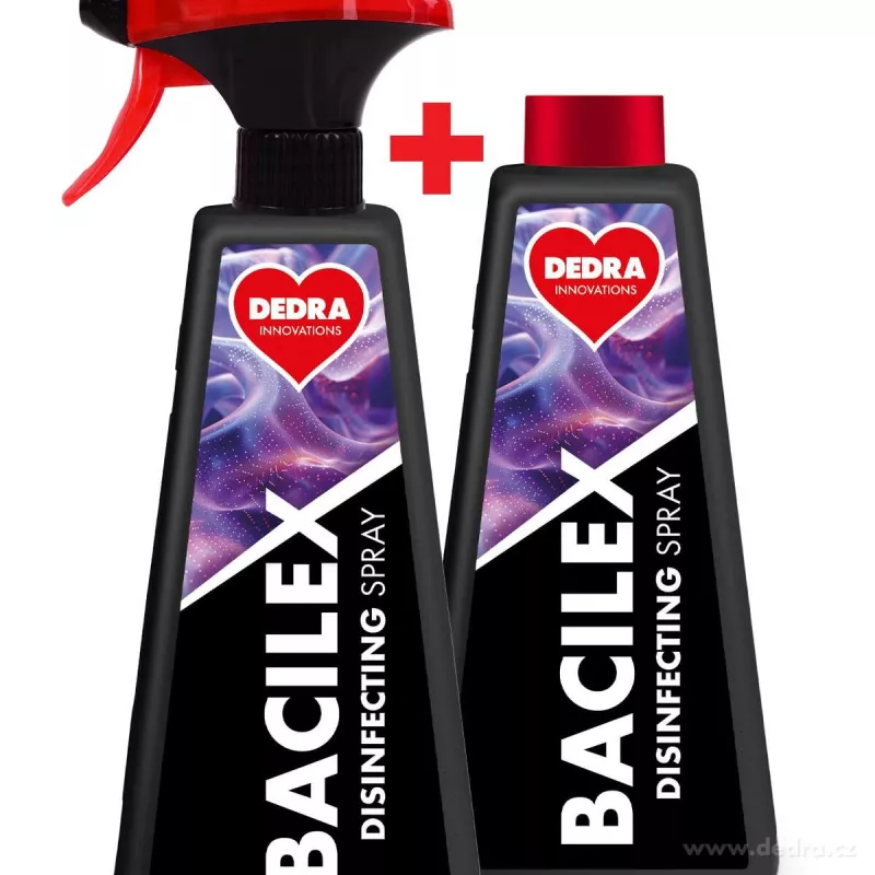Sada 1+1 certifikovaný dezinfekční spray na plochy i respirátory, 71 % alkoholu, BACILEX®