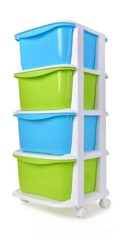 QUATRO čtyřpatrový regál, se 4 boxy a kolečky