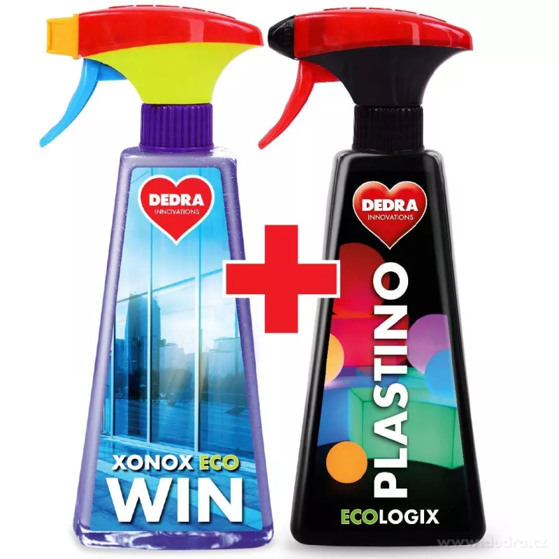 Sada ČISTÁ OKNA 1+1 pěnový čistič na okna, skla i zrcadla XONOX ECO WIN + EKO intenzivní čistič plastových povrchů PLASTINO ECOLOGIX spray