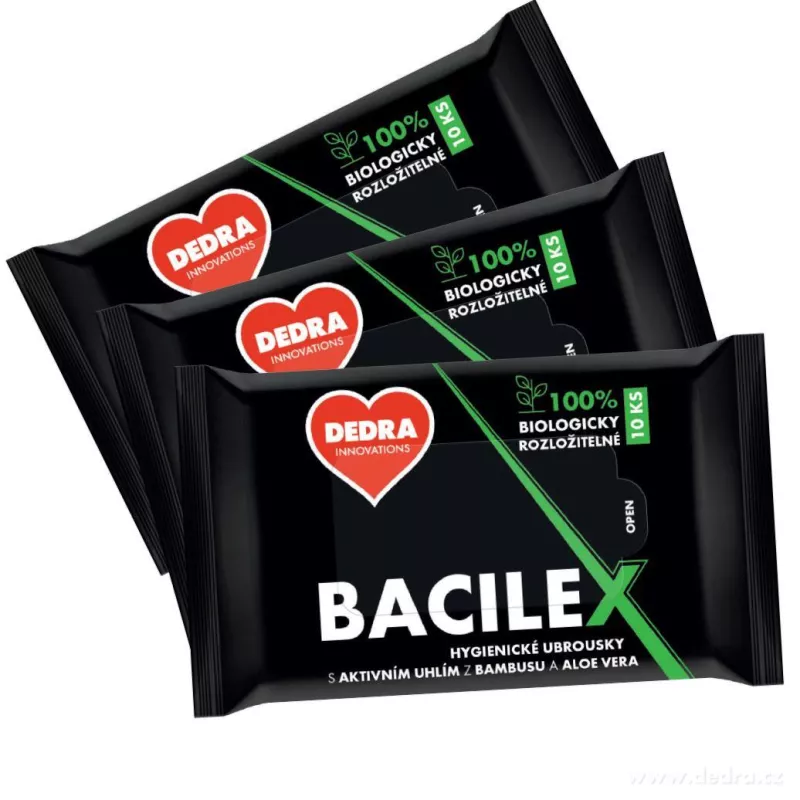 Sada 2+1 ZDARMA 3 x 10 ks vlhčené hygienické ubrousky BACILEX® s aktivním bambusovým uhlím a Aloe Vera