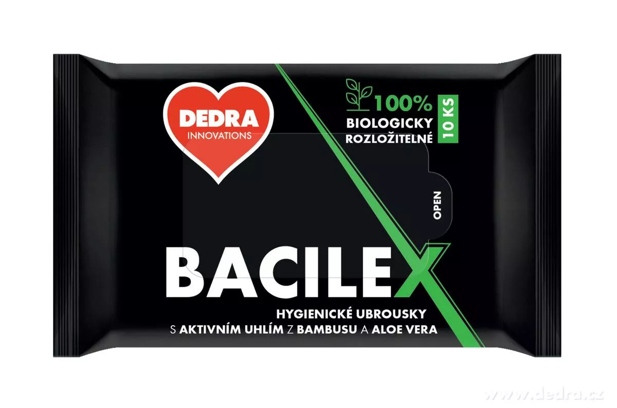 10 ks vlhčené hygienické ubrousky BACILEX® s aktivním bambusovým uhlím a Aloe Vera