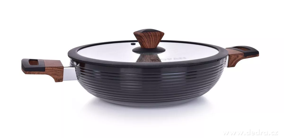 Pánev WOK Ø 28 cm s poklicí BIOPAN® WOODOO, s rukojetí soft touch v imitaci dřeva
