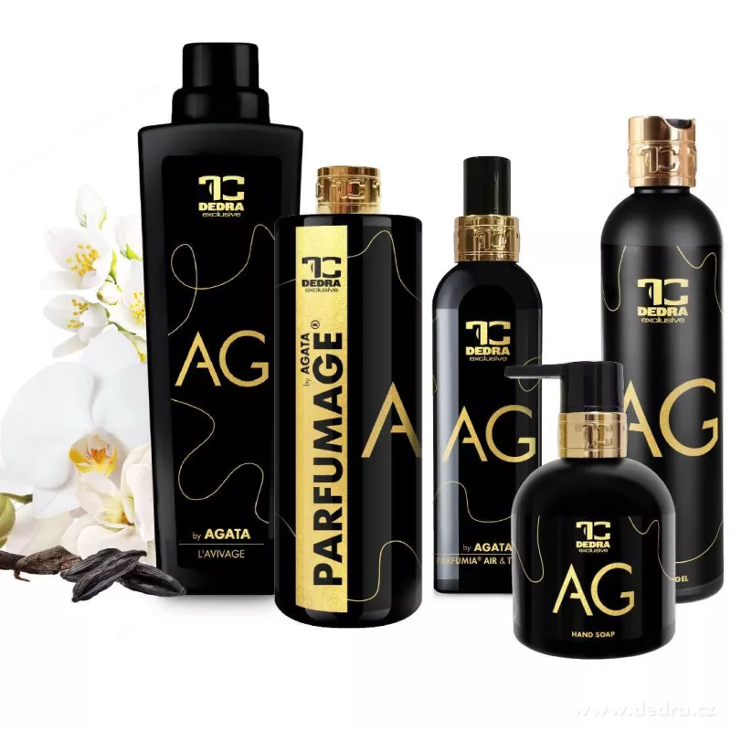 Velká 5dílná sada AG by AGATA | aviváž, parfumage, osvěžovač textilií, tekuté mýdlo, sprchový gel