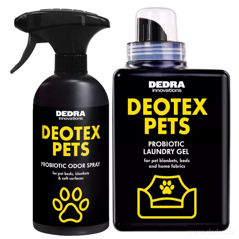 DEOTEX PETS | Praktický set pro domov plný mazlíčků | pohlcovač pachů & speciální tekutý prací prostředek s probiotiky | 500 ml + 525 ml