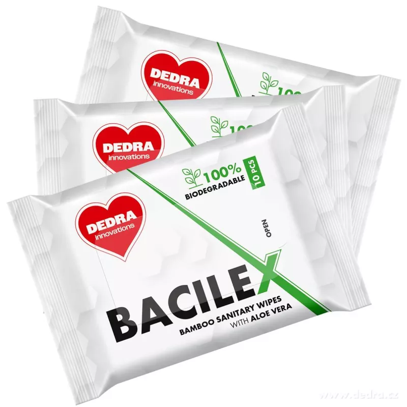 Rodinné balení 3 x 10 ks | Hygienické vlhčené ubrousky z bambusu s Aloe Vera | BACILEX®