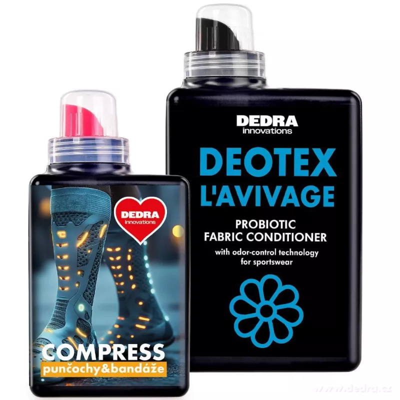 Sada 1+1 | COMPRESS & DEOTEX® L’AVIVAGE | Prací gel na kompresní punčochy, bandáže & ortézy + probiotický kondicionér | 500 ml + 1000 ml