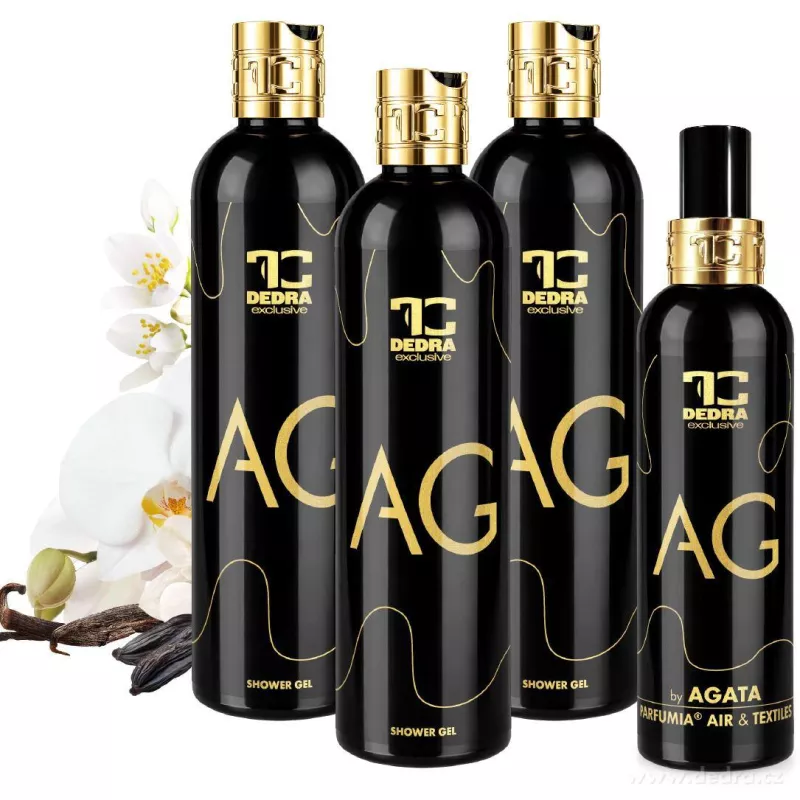 4dílná sada AG by AGATA | 3 × exkluzivní šetrný sprchový gel s glycerinem & Aloe vera + 1 × osvěžovač textilií