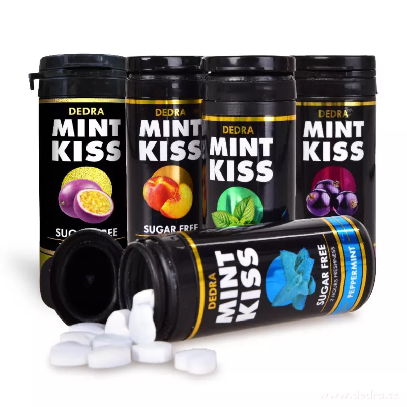 SADA 4+1 | MINT KISS | mátové osvěžující pastilky bez cukru | peppermint + spearmint + peach mint + cassis mint | 28 g x 5 dóz