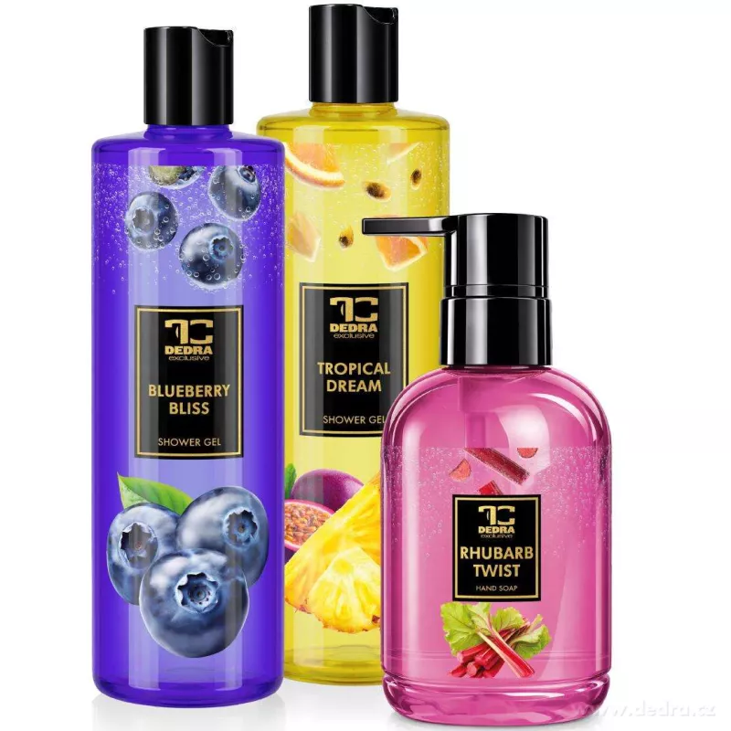 SADA FRUITY | sprchový gel BLUEBERRY BLISS & TROPICAL DREAM & tekuté mýdlo RHUBARB TWIST | 2+1