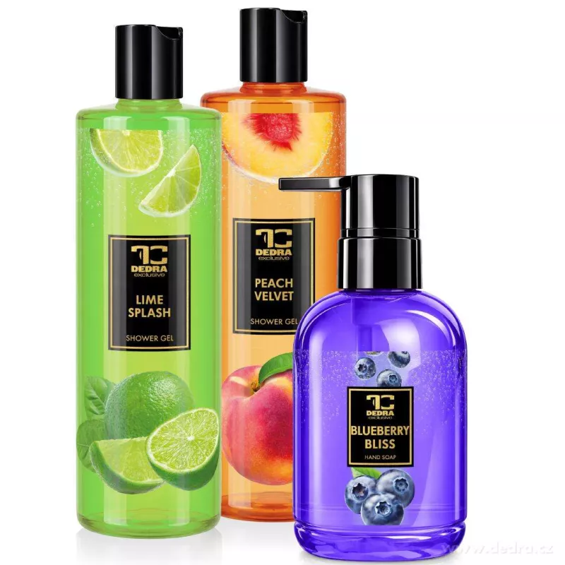 SADA FRUITY | sprchový gel LIME SPLASH & PEACH VELVET & tekuté mýdlo BLUEBERRY BLISS | 2+1