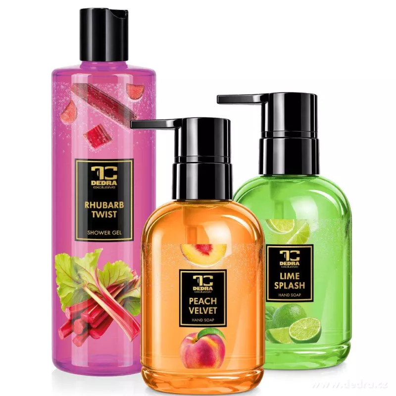 SADA FRUITY | tekuté mýdlo PEACH VELVET & LIME SPLASH & sprchový gel RHUBARB TWIST | 2+1