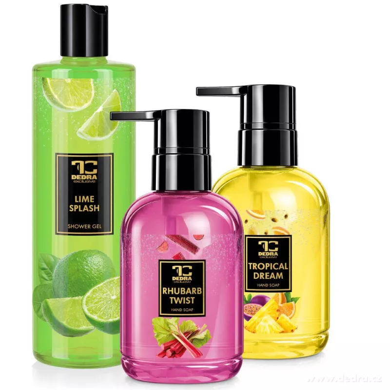 SADA FRUITY | tekuté mýdlo RHUBARB TWIST & TROPICAL DREAM & sprchový gel LIME SPLASH | 2+1