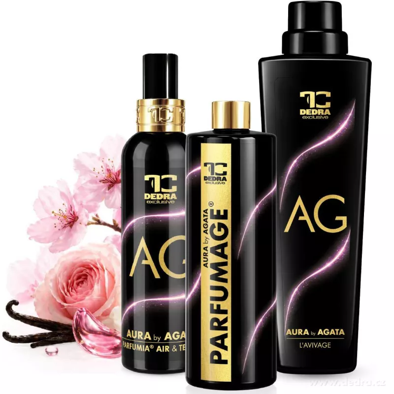 3dílná sada AURA by AGATA | Aviváž + parfém na praní + osvěžovač vzduchu | 750 ml + 500 ml + 200 ml