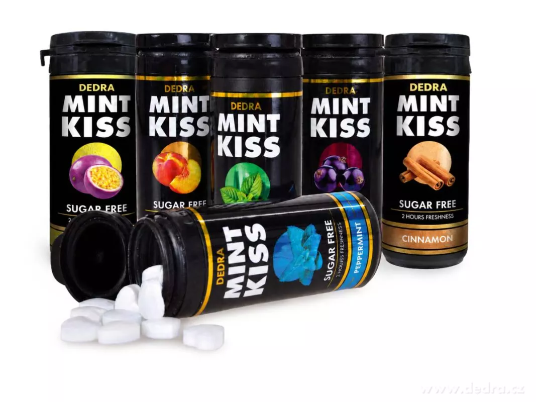 SADA 5+1 | MINT KISS | mátové osvěžující pastilky bez cukru | peppermint + spearmint + peach mint + cassis mint | 28 g x 5 dóz