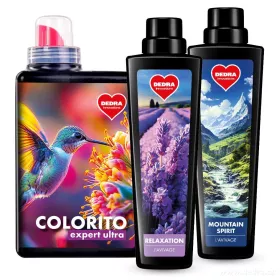 Sada KOMPLEXNÍ PRANÍ | Prací gel na barevné prádlo s ochranou barev COLORITO EXPERT ULTRA + L'AVIVAGE avivážní kondicionér RELAXATION & MOUNTAIN SPIRIT | 28 praní
