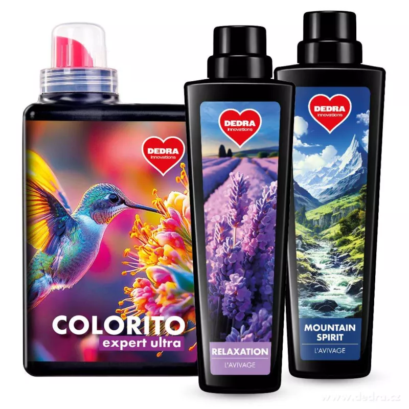 Sada KOMPLEXNÍ PRANÍ | Prací gel na barevné prádlo s ochranou barev COLORITO EXPERT ULTRA + L'AVIVAGE avivážní kondicionér RELAXATION & MOUNTAIN SPIRIT | 28 praní