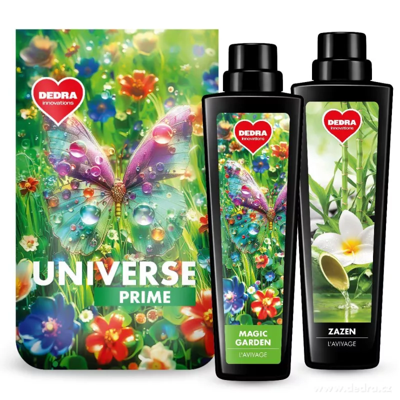 Sada KOMPLEXNÍ PRANÍ | Prací prášek na bílé & barevné prádlo UNIVERSE PRIME + L'AVIVAGE avivážní kondicionér MAGIC GARDEN & ZAZEN | 50 praní